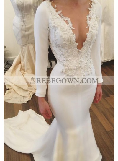 Sexy Mermaid  Satin Split Front V Neck With Appliques 2022 Long Sleeves Wedding Dresses