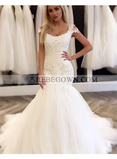 Attractive Mermaid  Tulle Wedding Dresses 2022 With Capped Sleeves
