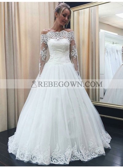 2022 Cheap A Line Off The Shoulder Lace Long Sleeves Wedding Dresses