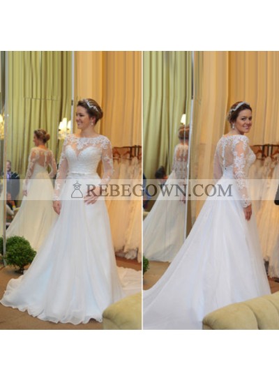 2022 Elegant A Line Organza Long Sleeves With Belt Princess Wedding Dresses