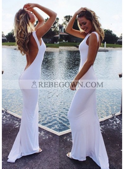 2022 Sexy Backless White Column/Sheath Spandex Prom Dresses