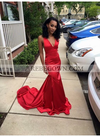 2022 Sexy Mermaid Red Satin V-neck Backless Prom Dresses