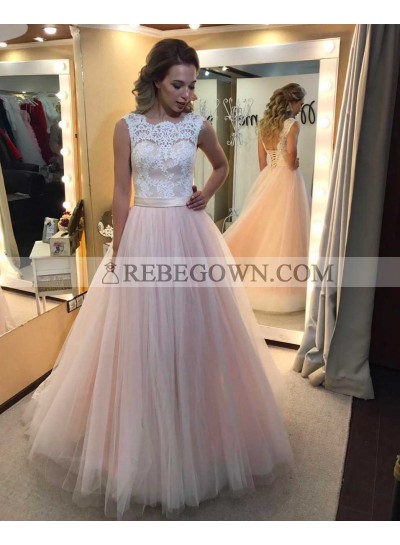 2022 Cheap A-Line Tulle Blushing Pink Prom Dresses With Appliques