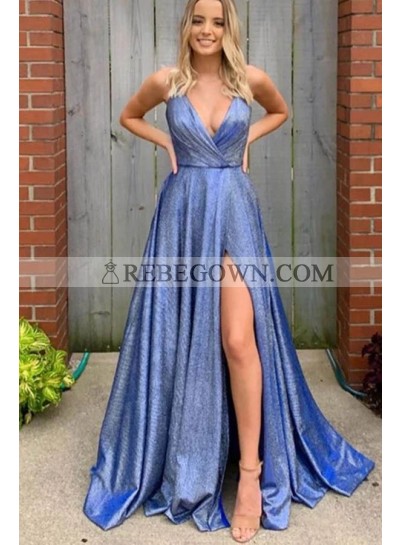 A Line Blue Side Slit Long V Neck Prom Dresses 2022 