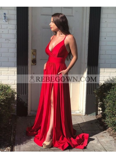 2022 Red A Line Sweetheart Side Slit Backless Long Prom Dresses