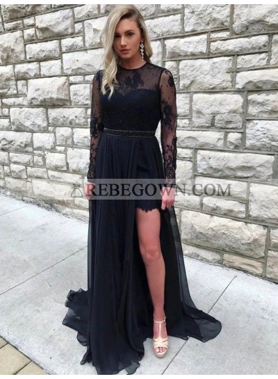 A Line Black Lace Long Sleeves High Low Backless Prom Dresses 2022 