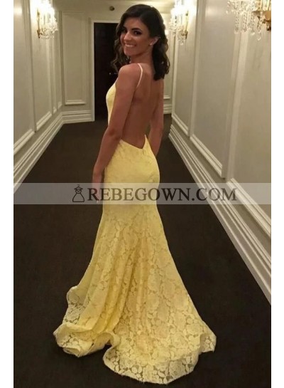 2022 Lace Light Yellow Backless Halter Long Prom Dresses