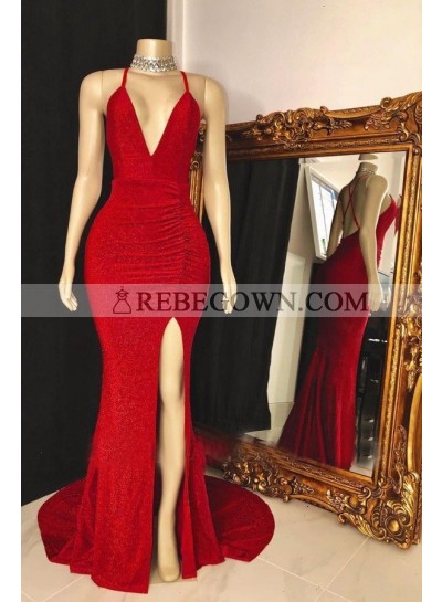 V Neck Sequence Red Side Slit Backless Long Prom Dresses