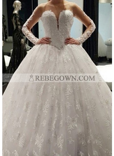 Tulle Court Train Ball Gown Long Sleeve Sweetheart Covered Button Wedding Dresses / Gowns With Appliqued Crystal Detailing