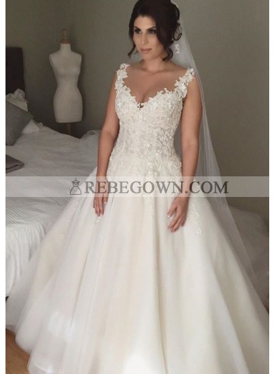 Tulle Floor-Length Ball Gown Sleeveless Sweetheart Covered Button Wedding Dresses / Gowns With Appliqued