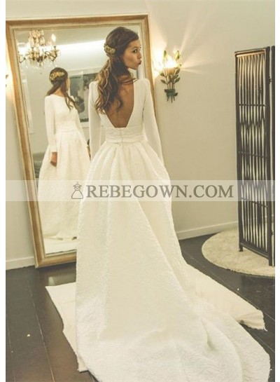 Satin Court Train A-Line Long Sleeve Bateau Zipper Wedding Dresses / Gowns With Appliqued