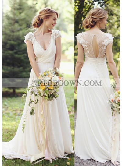 Chiffon Sweep Train A-Line Sleeveless V-Neck Covered Button Wedding Dresses / Gowns With Flowers