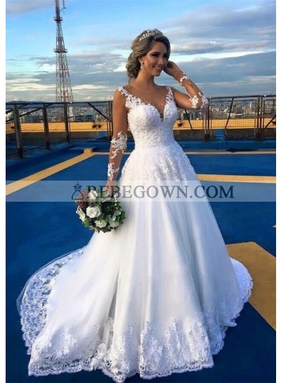 Lace Court Train Ball Gown Long Sleeve V-Neck Covered Button Wedding Dresses / Gowns With Beaded