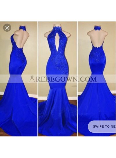 2022 Halter Blue Mermaid  Prom Dresses