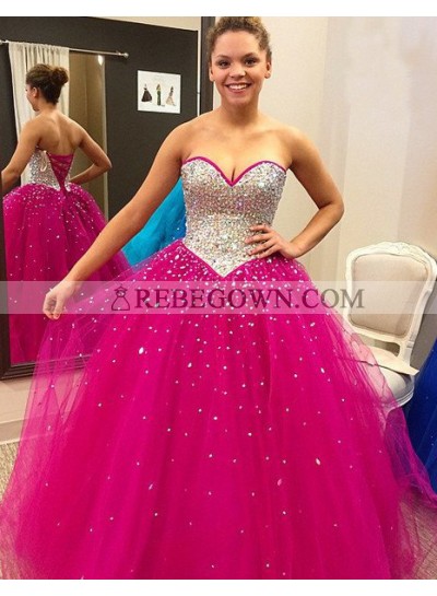Beading Lace-up Back Ball Gown Tulle Prom Dresses