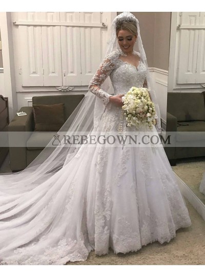 2022 Classic A Line Long Sleeves Sweetheart With Long Train Wedding Dresses