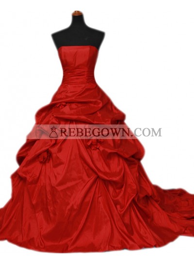 Red Strapless Taffeta Ruffles Ball Gown 2022 Wedding Dresses
