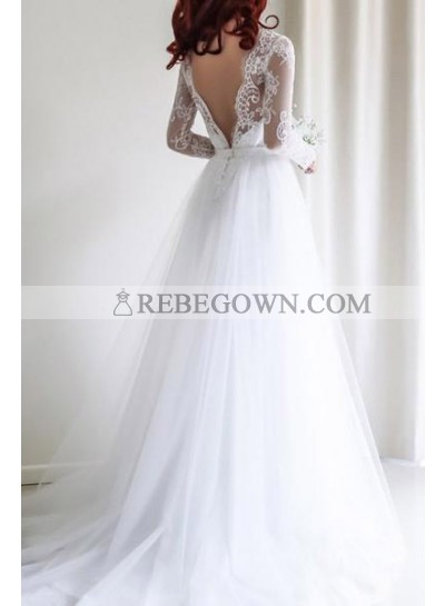 Cheap A Line Tulle Backless Long Sleeves 2022 Wedding Dresses
