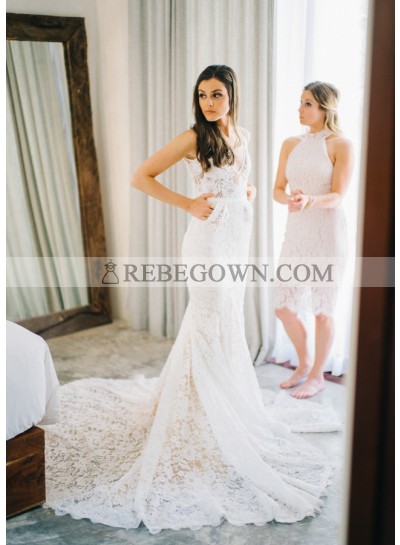 2022 Elegant Sheath V Neck Lace Wedding Dresses