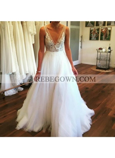 2022 Gorgeous A Line V Neck Backless Lace Tulle White Wedding Dresses