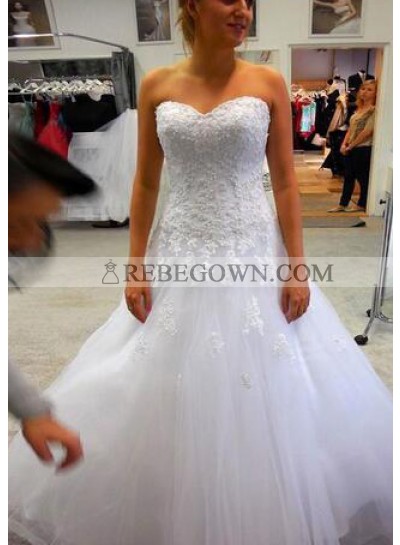 Cheap A Line Sweetheart White Tulle With Appliques Wedding Dresses