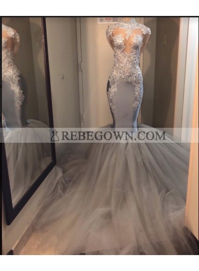 2023 Silver Long Sleeve Mermaid Lace and Tulle Prom Dresses