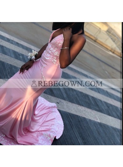 2023 Unique Pink Halter Lace Sequin Satin Prom Dresses