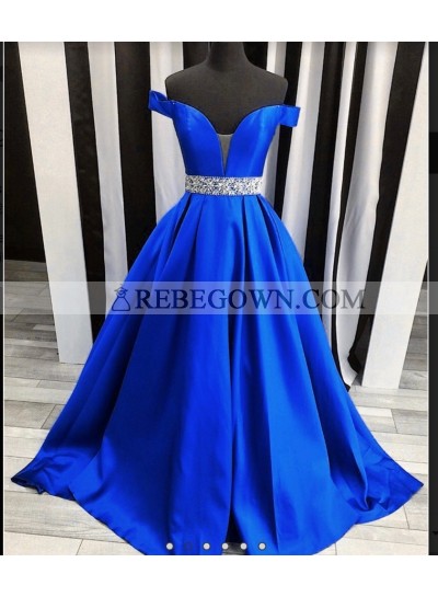 2023 Off The Shoulder Beading Sweetheart Ball Gown Royal Blue Satin Prom Dresses