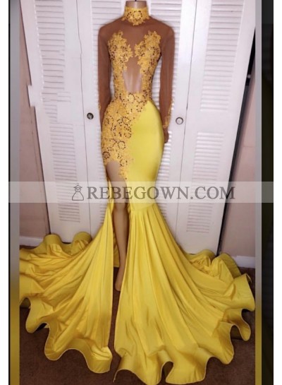 2023 Junoesque Yellow Split Mermaid Long Sleeve Satin Prom Dresses