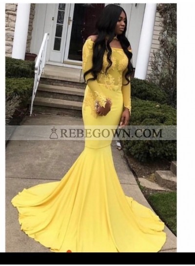 2023 Off the shoulder Long Sleeve Yellow Mermaid  Prom Dresses