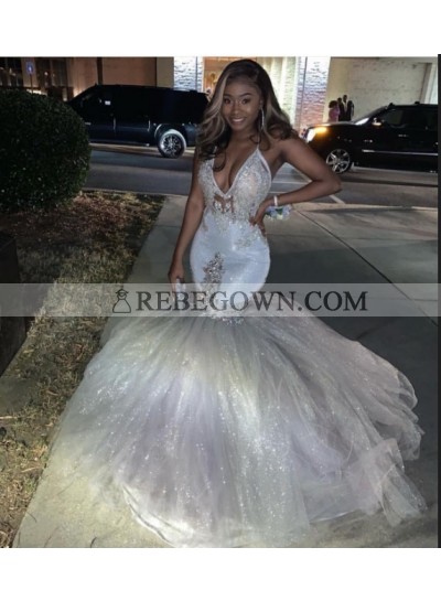 2023 Halter Sexy Beaded Tulle Silver Prom Dresses