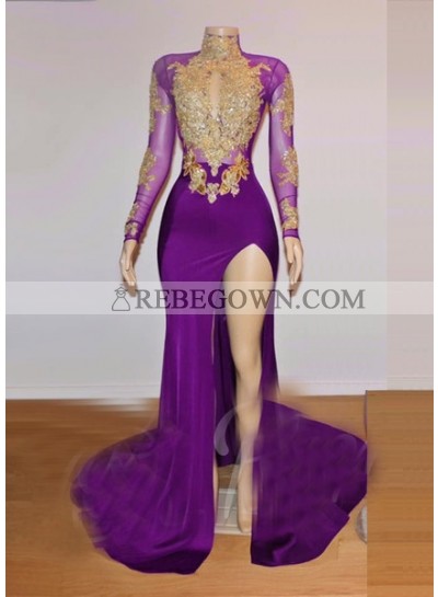 2023 Long Sleeve High Neck Beaded Split Prom Dresses