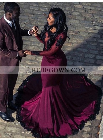 2023 Long Sleeves Burgundy Applique Satin Mermaid  Prom Dresses
