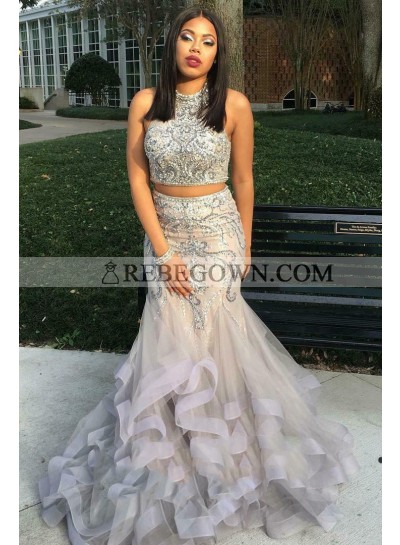 Two Piece Beading Layers High Neck Mermaid  Organza 2023 Unique Gray Prom Dresses