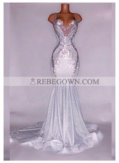 Alluring Silver Satin Beaded Mermaid  Prom Dresses