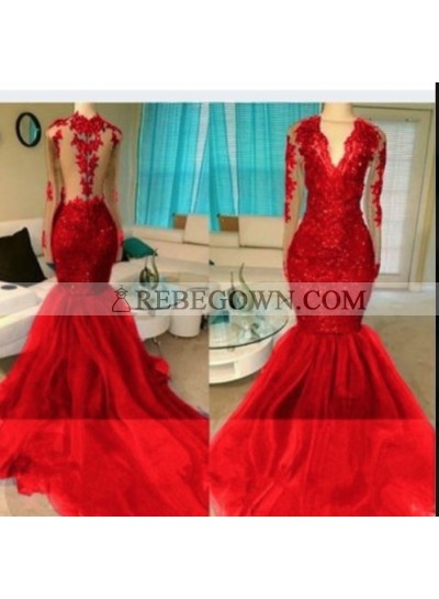 2023 Red Appliques Long Sleeve V-neck Prom Dresses