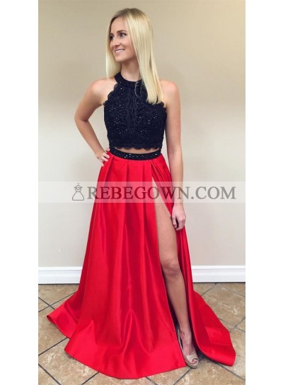 2023 Charming Princess/A-Line Black And Red Two Pieces Satin Prom Dresses
