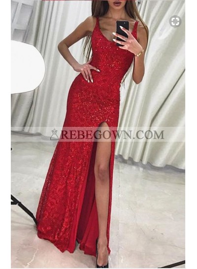 2023 Charming Column/Sheath Red Side Slit Sequence Prom Dresses