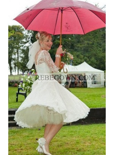 Distinct Lace Bateau Half sleeve A-line Knee Length Wedding Dresses / Gowns