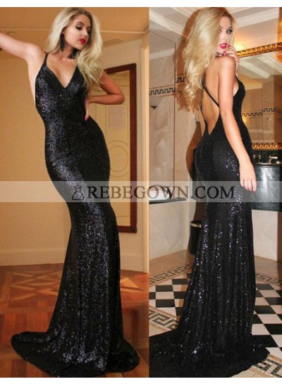 2023 Junoesque Black Hot Sequined Backless Mermaid Prom Dresses