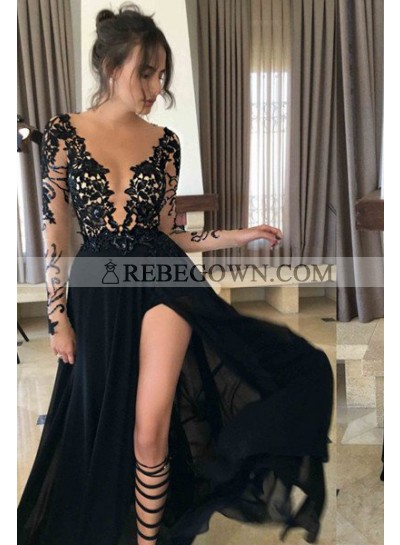 2023 Junoesque Black Sexy Split Sheer Sleeves Lace Prom Dresses