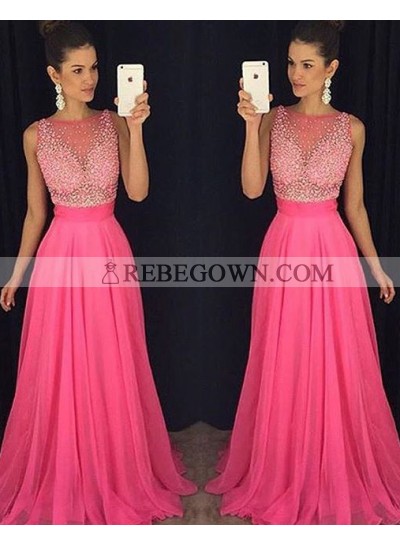 Chiffon 2023 Charming Princess/A-Line Fuchsia Beaded Prom Dresses