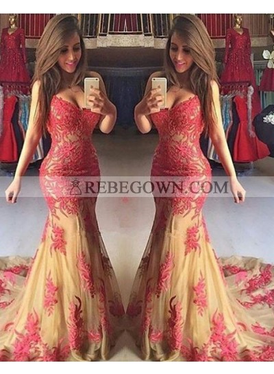 2023 Gorgeous Red Sexy Appliques Sweetheart Mermaid Tulle Prom Dresses