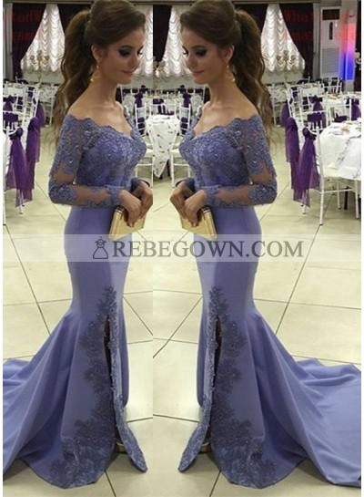 2023 Sexy Mermaid Satin Long Sleeves Lavender Prom Dresses