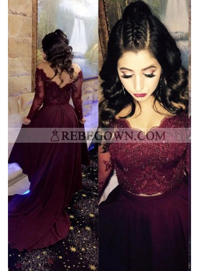 2023 Siren Princess/A-Line Satin Burgundy Long Sleeves Prom Dresses Two Pieces