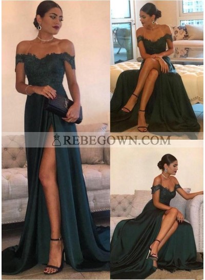 2023 Siren Princess/A-Line Satin Off The Shoulder Side Slit Dark Green Prom Dresses