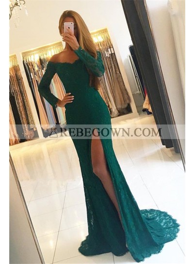 2023 Siren Column/Sheath Long Sleeves Lace Side Slit Prom Dresses