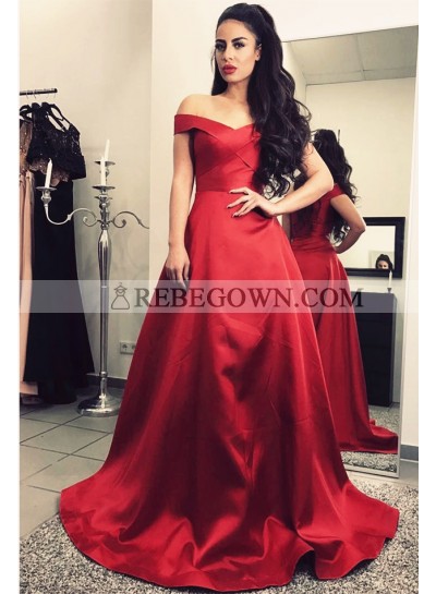 New Arrival Princess/A-Line Satin Red Off The Shoulder Prom Dresses