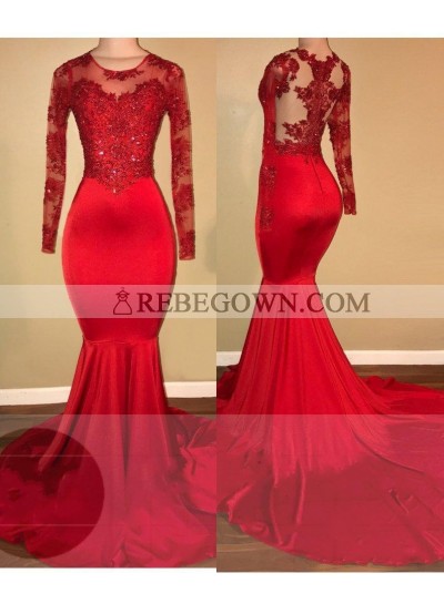 2023 Red Mermaid  Prom Dresses Satin Scoop Neck