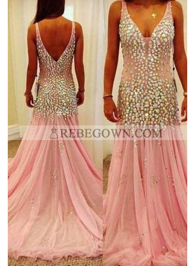 Long Floor length Beading Straps A-Line Tulle Prom Dresses 2023 Glamorous Pink